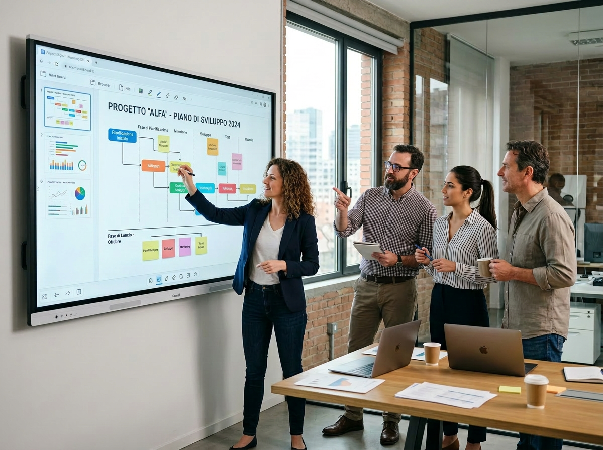 un gruppo di colleghi lavora utilizzando una lavagna multimediale per visualizzare informazioni sul progetto